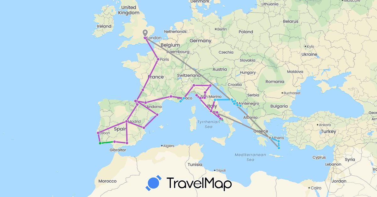 TravelMap itinerary: driving, bus, plane, train, boat in Spain, France, United Kingdom, Greece, Croatia, Italy, Portugal (Europe)